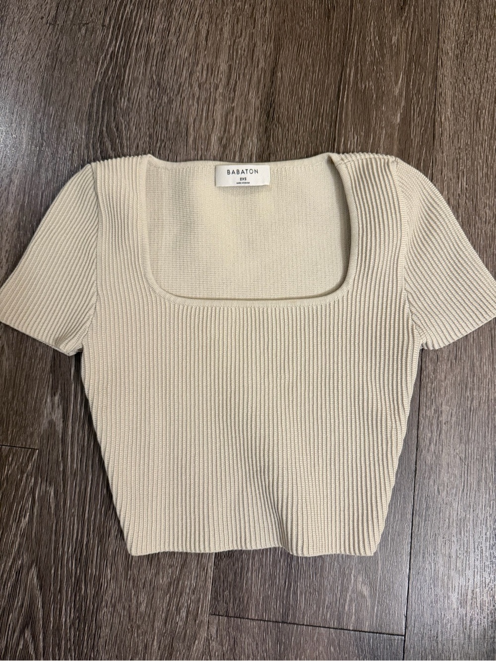 Babaton Cream Ribbed Square-Neck Short Sleeve Top